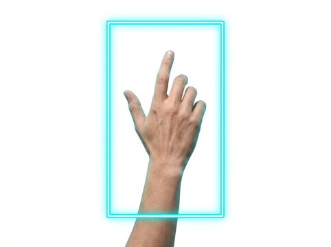 A hand reaches and interacts with a glowing neon digital frame, simulating touchscreen interaction.