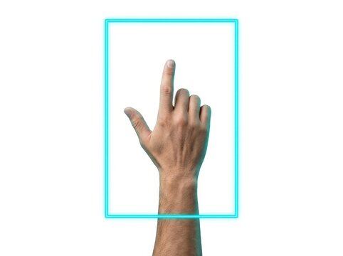 Close-up of a hand with a finger pointing at a glowing digital frame on a white background.