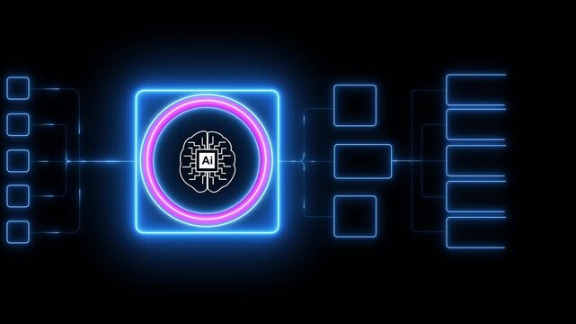 Glowing flowchart showing artificial intelligence data processing on black background.