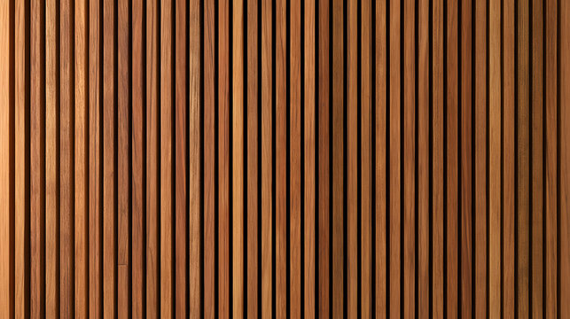 High-resolution 3D render of seamless teak wood panels, parallel vertical slats, warm golden-brown finish, subtle studio light reflections, professional product display backdrop.