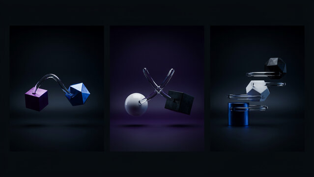 Three abstract compositions featuring geometric solids like cubes and spheres connected by transparent glass tubes against a dark purple background