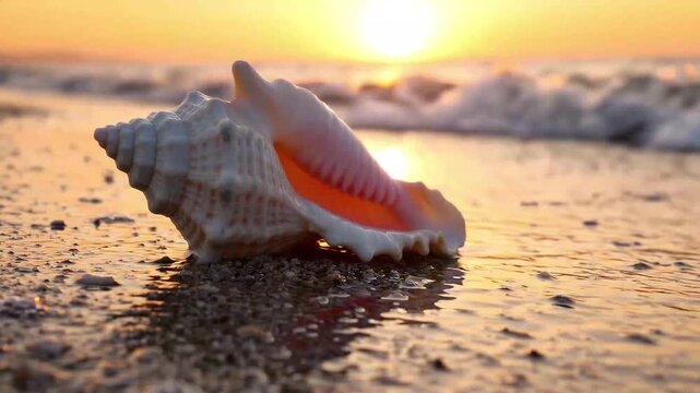 Large white seashell resting on the wet sandy shore with ocean waves at sunset