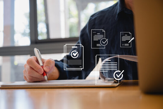 Businessman use pen review document and analysing report, Document data system Report HR technology Concept, Businessman Manager checking white documents reports papers of files icon in modern office
