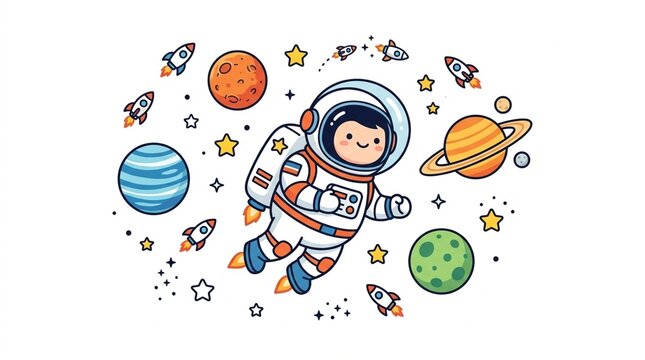 Cute Cartoon Astronaut Floating in Outer Space with Planets and Rockets  Illustration