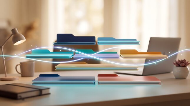 Organized stack of colorful digital file folders floating on office desk with glowing light trail in 3D render for business document management and efficient data organization software