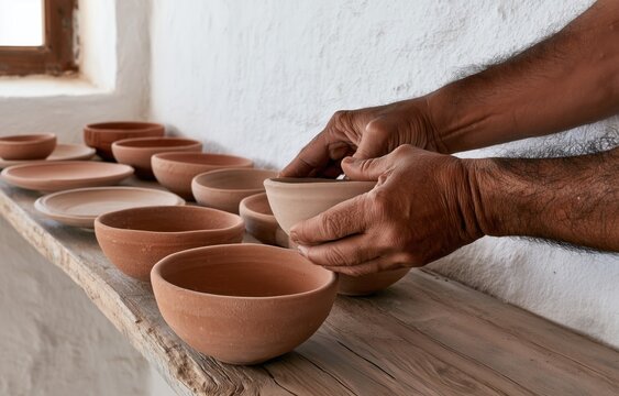 Craft workshop in Lanzarote with handmade terracotta bowls on wooden shelf