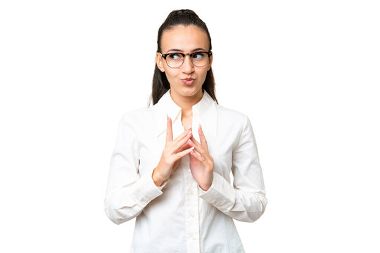 Young Arabian woman over isolated chroma key background scheming something