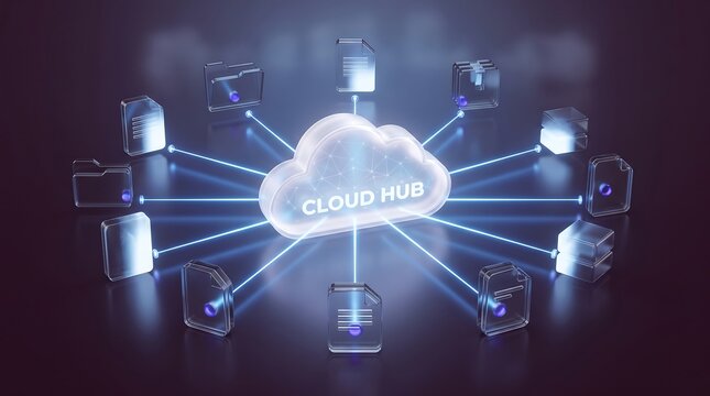 Cloud hub central server icon with multiple connected file storage folders in 3d render representing centralized data management system and secure enterprise information network architecture