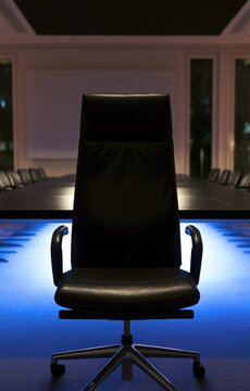 Empty executive chair at the head of a boardroom table at night