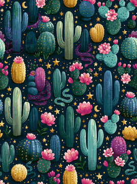 Seamless repeating pattern of saguaro cactuses and desert flowers. Southwestern botanical illustration with snakes and stars. Colorful succulent garden on dark background. Floral desert motif