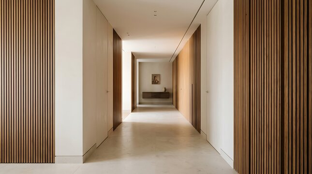Modern apartment corridor with wooden slat walls and minimalist white