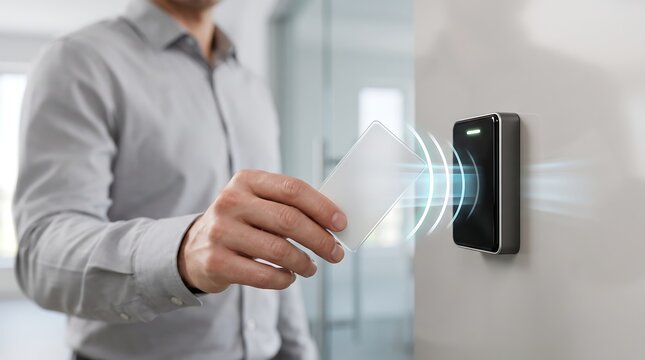 Employee holding smart access card near wall mounted electronic reader for secure office entry and contactless building security system with glowing motion light effects