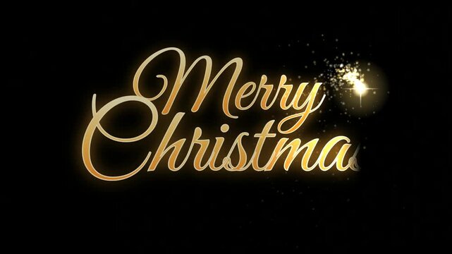 Merry Christmas golden luxury cursive typography text reveal animation with glowing light streak particle trails on dark black background
