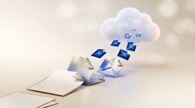 Abstract cloud computing concept showing digital email icons and documents uploading to a stylized cloud to represent data migration and secure document transfer in enterprise