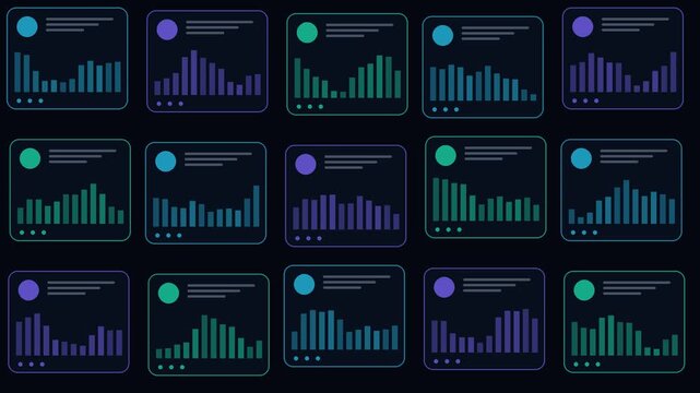 A repeating abstract dashboard background with rows of colorful bar charts and graphs. Modern high tech data visualization for presentations, seamless loop.

