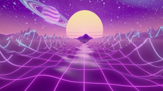 Retro synthwave grid ocean and sunset retro 80s background loop animation. Futuristic 80s synthwave wireframe grid landscape with planet and sun