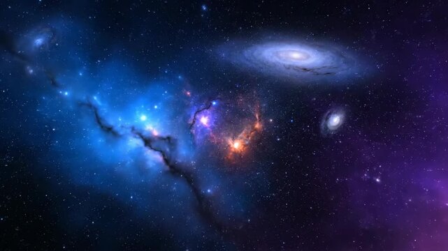 A vibrant nebula with galaxies and bright stars. Colorful sky with swirling clouds and luminous areas