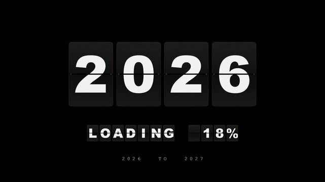 Happy New Year 2027 mechanical split flap board clock countdown animation transitioning from 2026 to 2027 loading status on black background