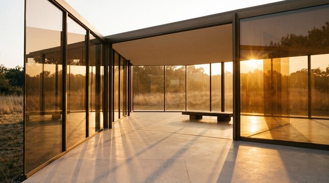 Minimalist architectural photography of a glass pavilion at sunset, with golden light casting long shadows across a concrete floor in a serene natural meadow, representing architectural harmony and lu