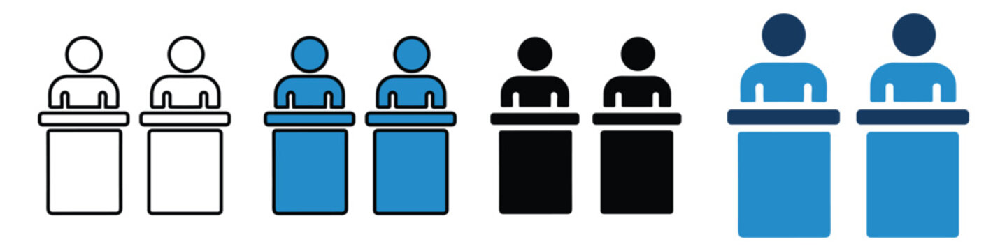 Two professional speakers engaged in a formal debate at lecterns with flat vector icons.