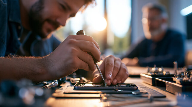 Adult apprentice removing a back-panel screw