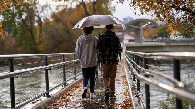 Two teenagers walking together beneath an umbrella