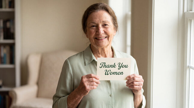 Woman Holding a Thank You Women Card with a Warm Grateful Expression in Natural Light