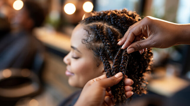 Adult stylist separating three sections of a client's hair