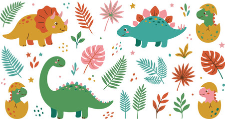 Cute cartoon dinosaurs with tropical leaves and eggs on white © ROKANI