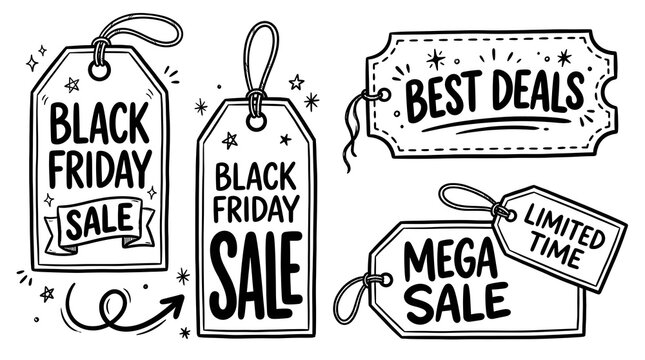 Black Friday Sale Tags and Best Deals Hand Drawn Doodle Labels Vector Illustration Set