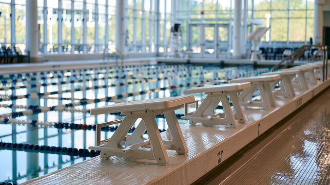 Starting blocks leading toward empty marked swimming lanes