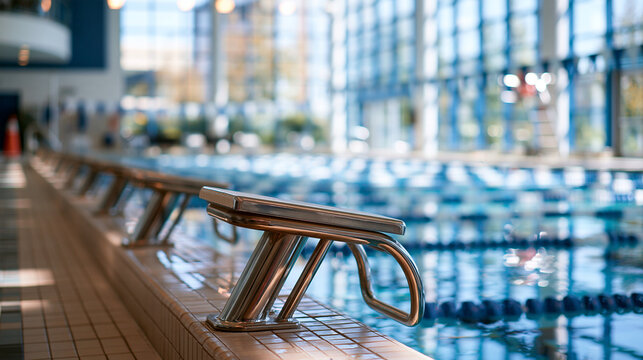 Starting blocks leading to empty marked swimming lanes