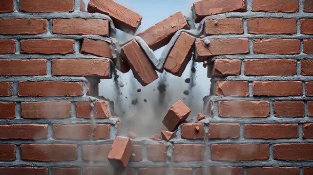 Brick wall explosion animation with flying debris and dust breaking through barrier concept generative AI