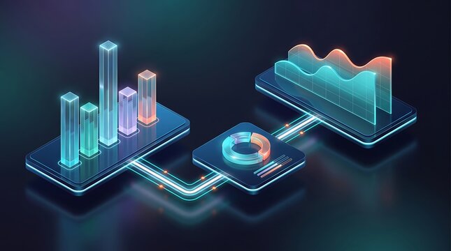 Integrated business analytics dashboard showing glowing bar charts and pie graphs connected by neon lines representing real-time corporate performance data monitoring software