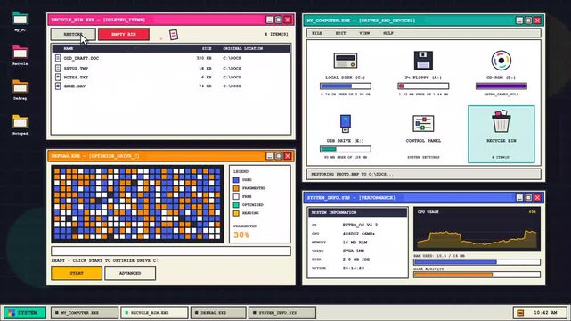 Retro Computer Desktop Interface with System Optimization and Defrag Animation