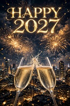 HAPPY 2027 Vertical Champagne Tower Golden Confetti Clock Midnight Bokeh Premium Cinematic Beautiful Festive Vertical Capodanno