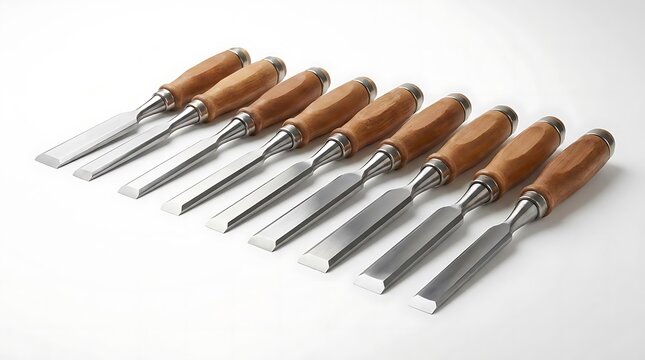 Set of professional woodworking chisels arranged in row.