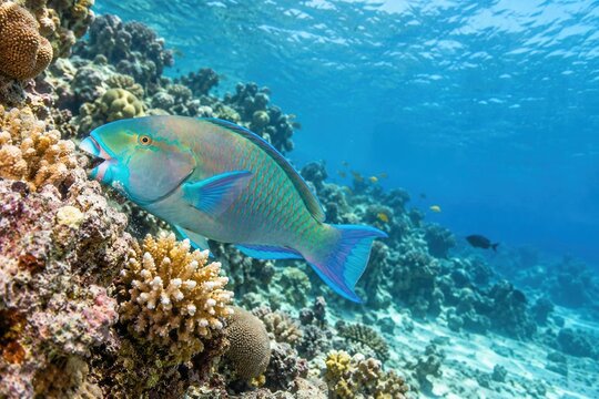 Colorful parrotfish in turquoise, green, purple swimming at coral reef in clear blue tropical ocean, sunlight on the surface