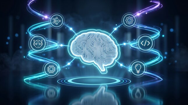 Glowing artificial intelligence brain hologram with interconnected digital icons representing machine learning neural networks and advanced cognitive computing technology systems