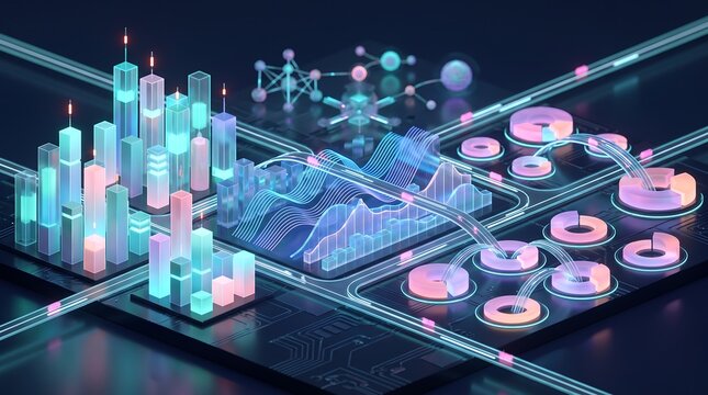Complex 3D digital circuit board with glowing bar charts and data flow nodes representing advanced financial technology and high speed algorithmic trading systems architecture