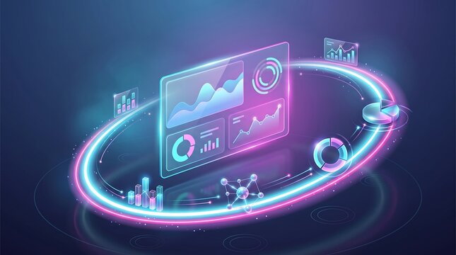 Digital data dashboard showing glowing neon analytics charts and business growth metrics floating in dark virtual space for professional corporate financial reporting and data visualization
