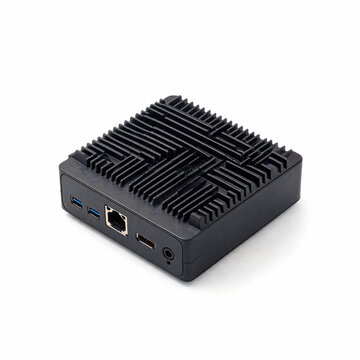 Small embedded AI computer with aluminum heat sink case on a neutral background, edge computing hardware