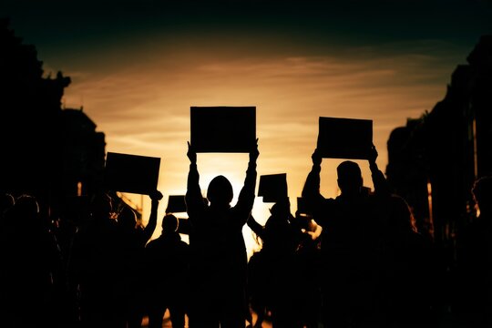 Protesters hold signs above a crowd on a city street at sunset