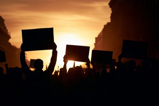 Crowd of people holding signs at a city protest during sunset