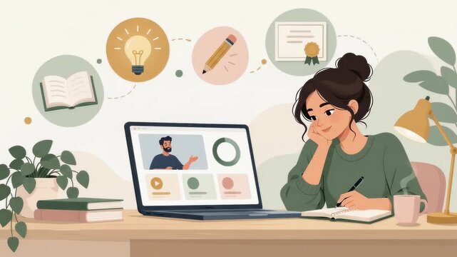 A woman studying online with a laptop taking notes in a notebook