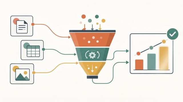 Data processing animation with a funnel and charts in a 2d vector graphic style