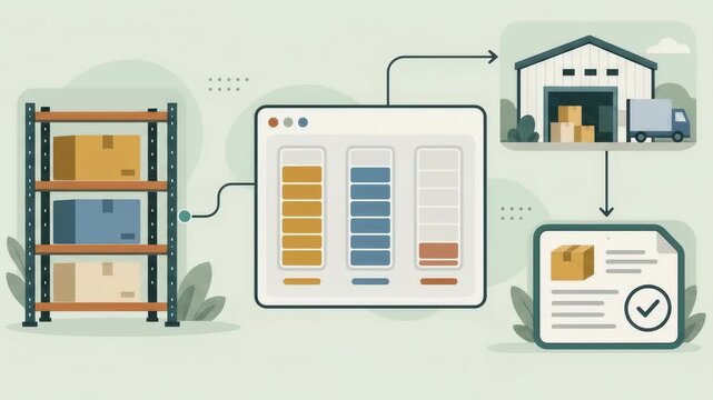Graphic animation illustrating smart inventory management software and warehouse logistics