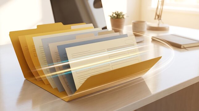Yellow office folder with documents sliding across a sleek desk surface with motion blur lines symbolizing rapid data transfer and efficient administrative digital workflow in a 3D render