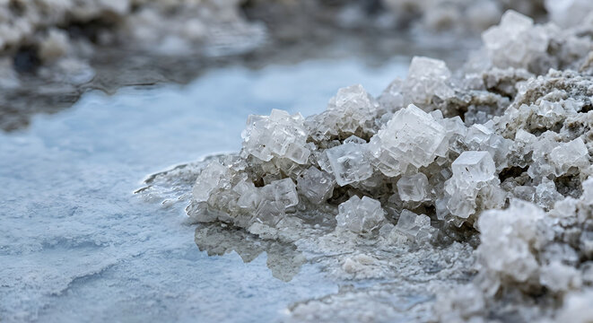  Close Up of Natural Cubic Salt Crystals Formed at the Edge of Salty Water