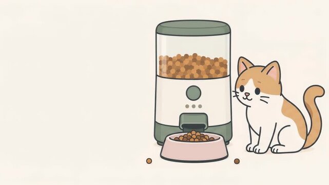 An animated cat waiting by an automatic pet feeder dispensing dry food into a bowl.